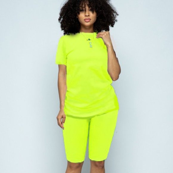 Neon Green Biker-Short Set - Picture 1 of 1